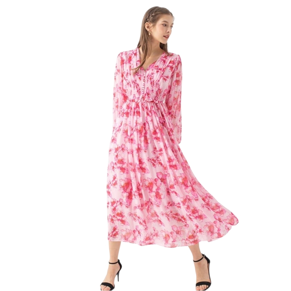 Chicwish Delicate Floral Shirred Maxi Dress in Hot Pink NEW